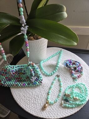Mint Beaded Jewelry Set And Mini Purse with Multicolor Accents